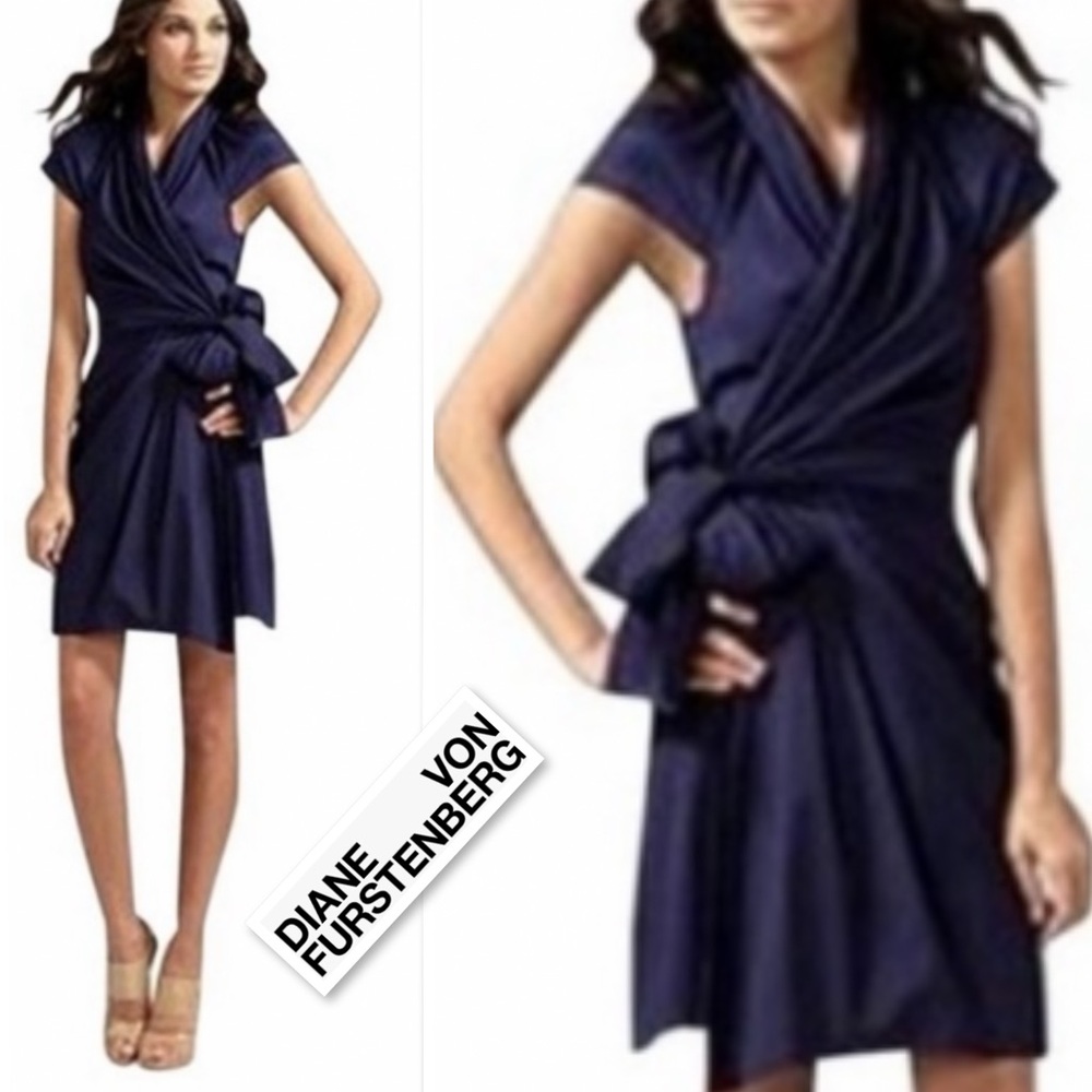 Diane Von Furstenberg  100% Cotton Satin Fitted Cap Sleeve Wrap Dress Navy Sz 2